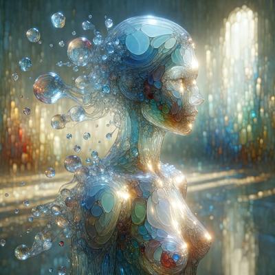 The primary subject of the image is a woman with a unique and artistic appearance. She is surrounded by a visually striking environment, featuring a combination of water, glass, and light. The setting includes a glass-like background and a water-like surface, creating a surreal and captivating atmosphere. The visual style of the image is a blend of digital art and illustration, with the woman's features and the surrounding elements skillfully crafted to create a captivating and memorable scene. The colors and mood
